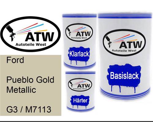 Ford, Pueblo Gold Metallic, G3 / M7113: 500ml Lackdose + 500ml Klarlack + 250ml Härter - Set, von ATW Autoteile West.